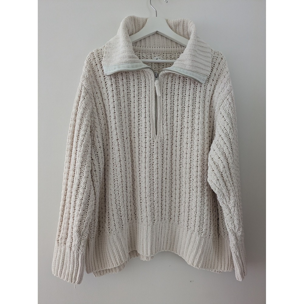 Aerie Cream Cable Knit Quarter Zip Sweater Oversized Chunky Pullover